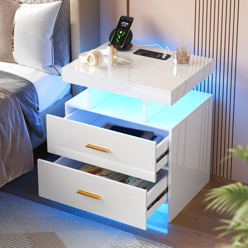 Ashten 19.69" W 2-Drawer Nightstand with USB Port and LED Light