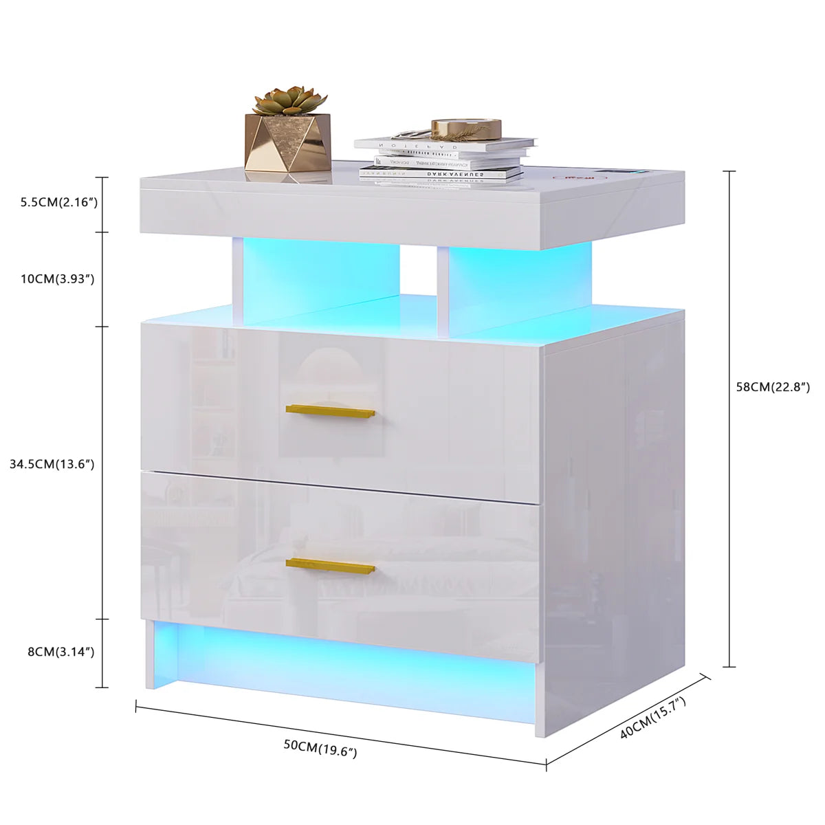 Ashten 19.69" W 2-Drawer Nightstand with USB Port and LED Light